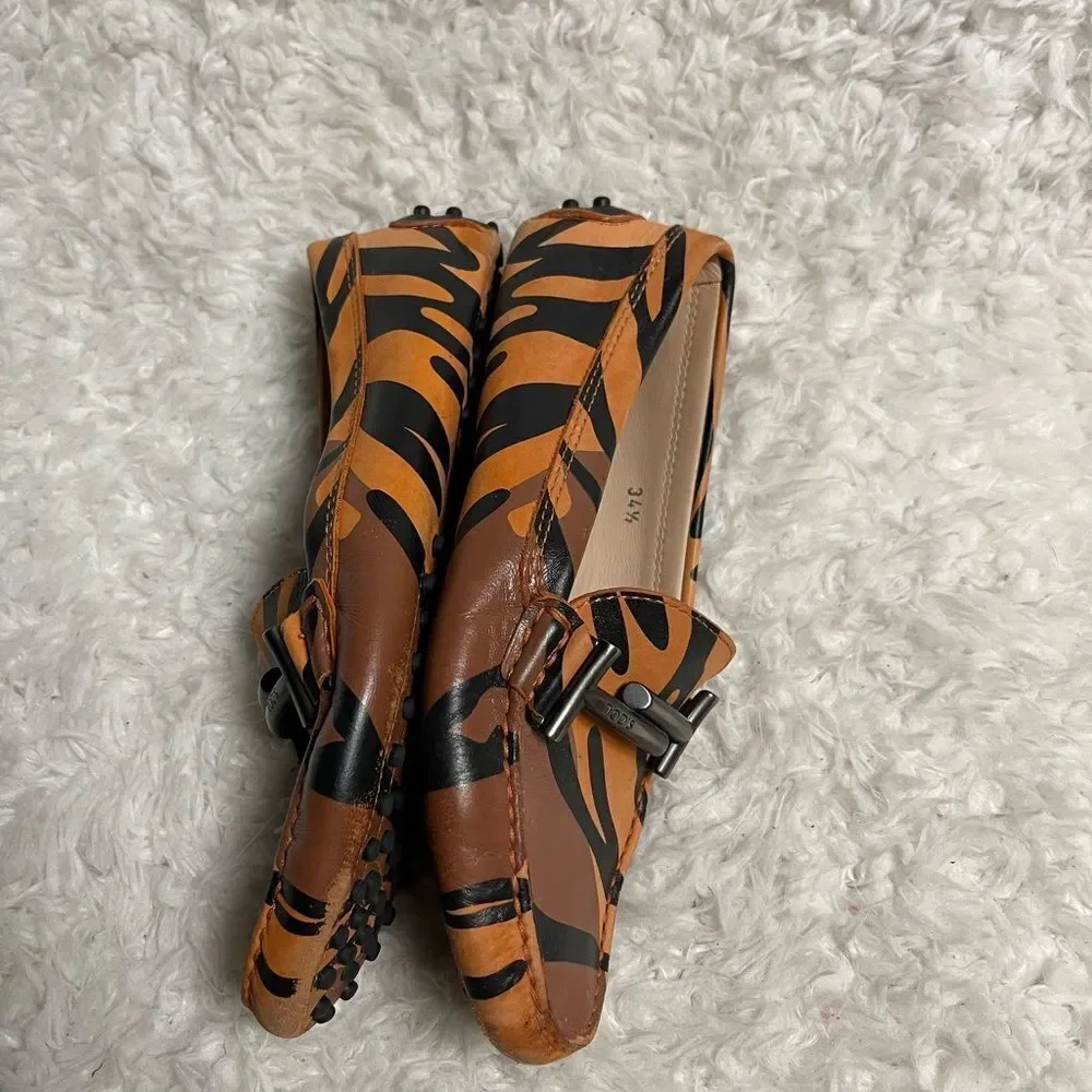 Tod’s Military print leather loafers Brown,black & orange  metal Double T SZ4.5